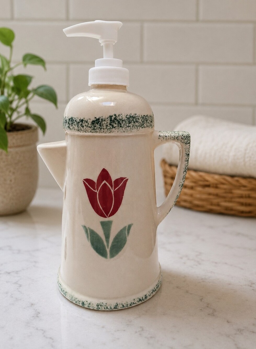 Vintage Ceramic Tulip Soap Dispenser in Cream with Red & Green Floral Design